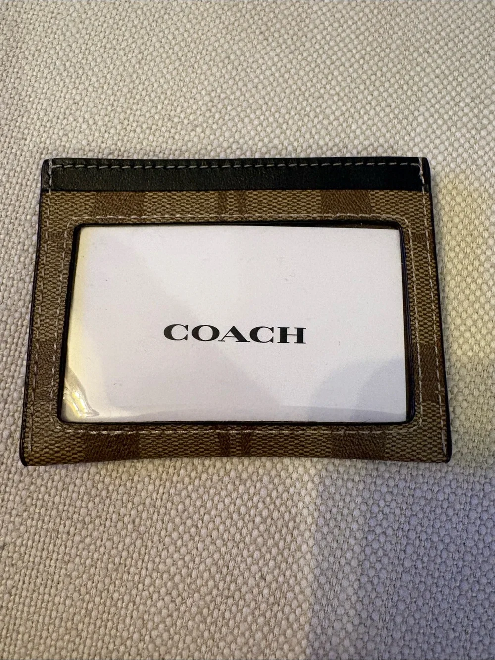 Coach Signature Canvas Card Holder with Brown Leather Top